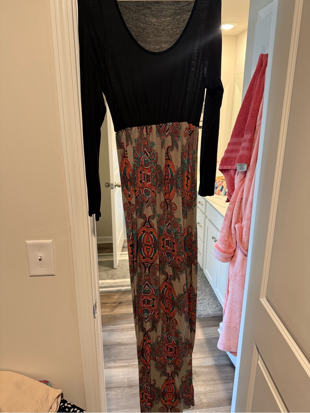 Motherhood Maternity Black Long-Sleeve Maxi Dress with Multicolor Paisley Skirt
